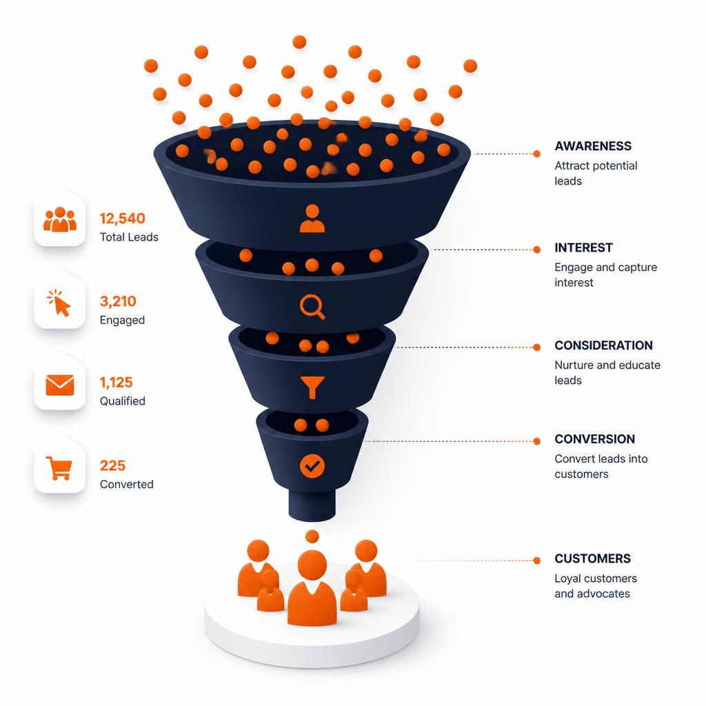 Marketing funnel converting traffic into customers with analytics panels